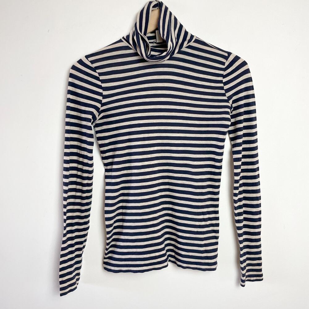 JCrew Striped Turtleneck Tee Shirt‎ XXS Lightweight Thin Navy Parisian Preppy